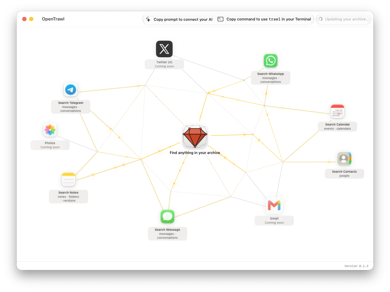 The OpenTrawl Mac app window, showing every app it can search and which ones are coming soon